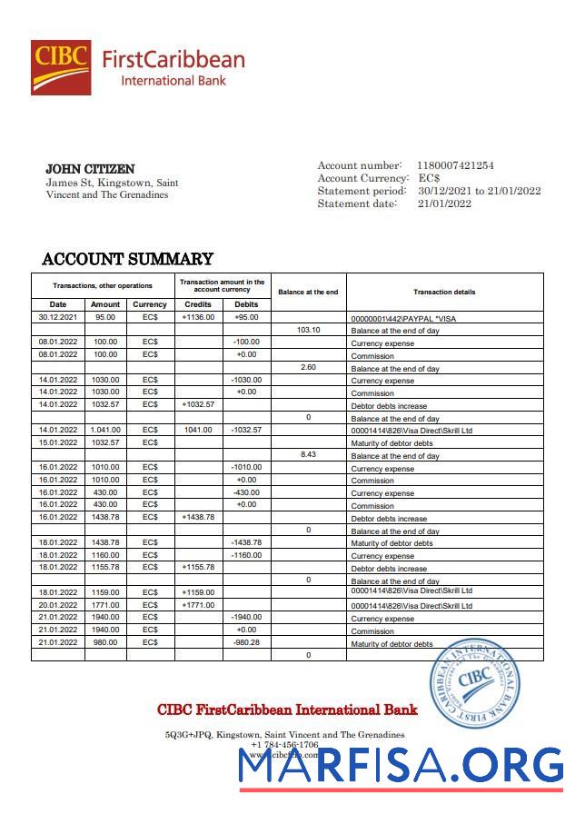 Realistic Saint Vincent and The Grenadines First Caribbean International bank statement word sample